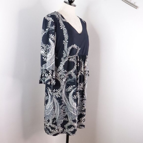 Ice Silk Women's 1X Navy Blue Paisley Polyester V-Neck Knee-Length Stretch Dress - Picture 2 of 10